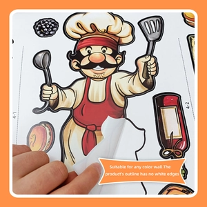 Cartoon chef kitchen wall sticker being peeled, showing transparent no-white edge design