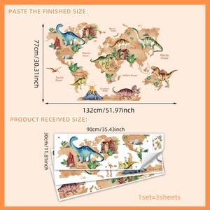 Adesivi murali mappa del mondo dinosauri per cameretta bambini set di 3 fogli