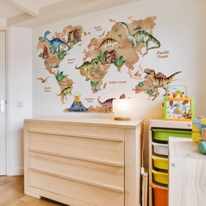 Adesivo da Parete Mappa del Mondo Dinosauri Cartoon per Bambini Impermeabile PVC Autoadesivo Rimovibile Murale Geografico Decorazione Casa