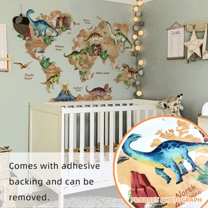 Adesivo murale mappa del mondo con dinosauri per bambini con continenti e vulcani