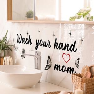 Wash your hands mom black wall sticker with butterflies above bathroom sink marble wall