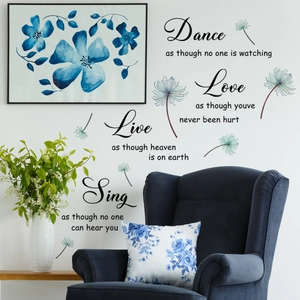 Detail of blue dandelion wall stickers with inspirational quotes on a white living room wall