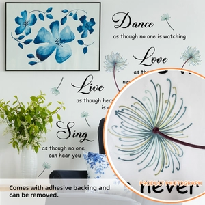 Detail of inspirational dandelion wall decals with purple flowers for living room decor