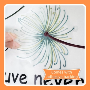 Macro detail of translucent dandelion wall sticker with adhesive backing and lettering