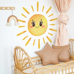 Sticker mural soleil avec visage souriant et texture aquarelle pour chambre d'enfant