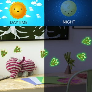 Luminous green dinosaur footprint wall stickers showing day and night glowing effect