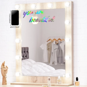 Holographic You Are Beautiful decal on Hollywood vanity mirror with LED light bulbs