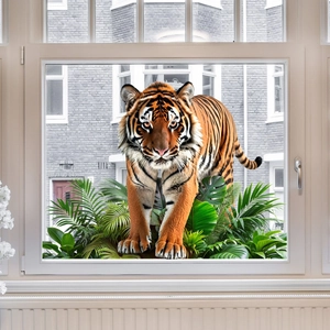 Realistic 3D Bengal tiger and tropical plants glass window sticker for home decor