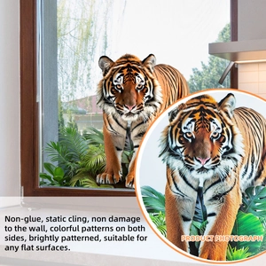 Realistic tiger and tropical green plants static cling window decal with double-sided color
