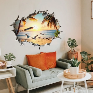 3D beach sunset wall sticker with tropical palms and seagulls for living room decor