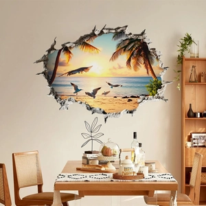3D beach sunset wall decal with ocean waves and seagulls for home wall decoration