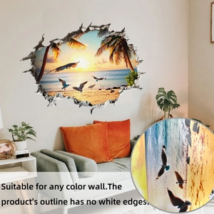 3D hole beach wall sticker detail showing sun setting over ocean with seagulls
