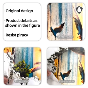 Waterproof 3D wall sticker detail showing front and back views of ocean beach scenery