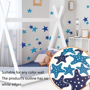Detail of blue starfish wall stickers with polka dots showing no white border design