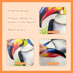 Close-up of waterproof watercolor toucan window sticker showing detail and dual-side design