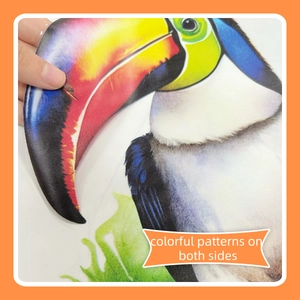 Detail of creative toucan window sticker featuring colorful double-sided patterns on glass