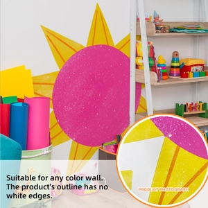 Creative sun wall sticker with pink center and yellow rays featuring no-white-edge design