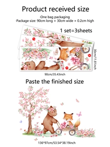 Detail of cartoon bear and fox wall stickers with dimensions and spring cherry blossoms