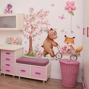 Cartoon bear and fox with flower cart wall sticker for kids' bedroom and nursery decor