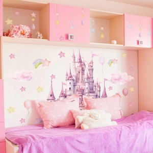 Watercolor fairy tale castle wall stickers with stars and clouds for kids rooms