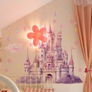 Pink flower wall lamp for kids bedroom with castle mural background and warm glow