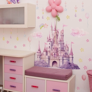 Pink and purple fairy tale castle wall decals with stars and clouds for girl room