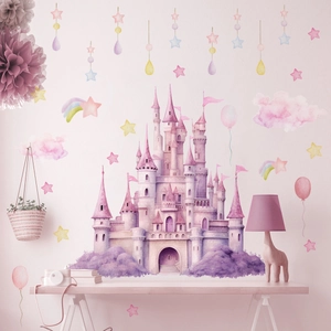 Dreamy pink and purple castle wall decals with stars and clouds for girls' bedroom decor