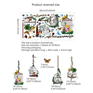 Autocollants muraux style jardin avec cages à oiseaux fleurs et papillons 30x60cm