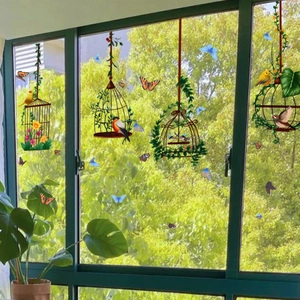 Autocollants statiques pour fenêtres avec cages oiseaux et papillons aux motifs floraux