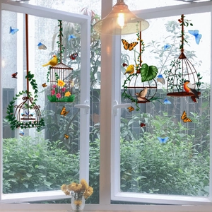 Stickers de fenêtre avec cage à oiseaux, papillons et oiseaux réalistes pour décoration