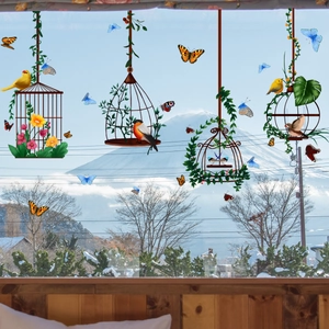 Autocollants De Fenêtre Cage À Oiseaux Papillon Adhésif Statique PVC Double Face Visible Fleur Vigne Décalcomanies Verre Décoration