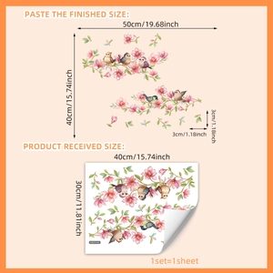 Pink peach blossom tree branch and bird window stickers showing size and layout