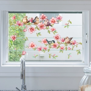 Peach Blossom Branch Bird Window Cling Static Glass Sticker Double Sided Waterproof Decal Home Decor For Living Room