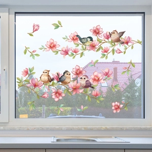 Pink magnolia blossoms and birds static window film decoration for home glass panels