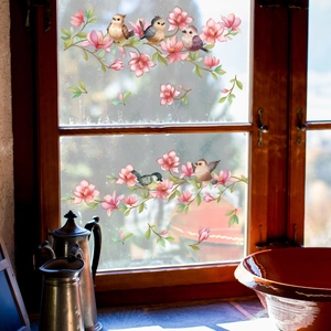 Peach blossom and bird static cling window decals for glass home decoration