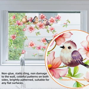 Peach blossom and bird static window cling with double-sided watercolor design