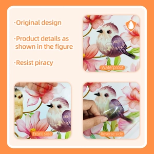 Detailed view of waterproof transparent window stickers with pink flowers and birds