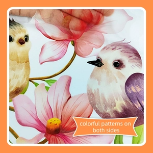 Detail of peach blossom and bird window decal showing the thin, translucent double-sided print