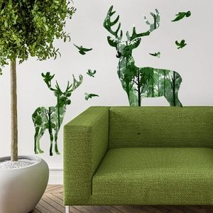 Forest deer wall decals with double exposure pine tree silhouettes for living room decor