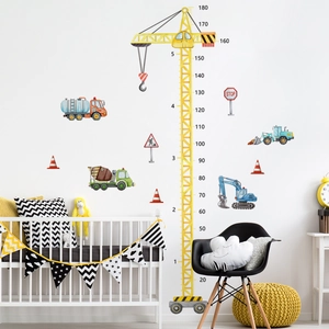 Construction crane height chart sticker with cartoon excavators and trucks for kids