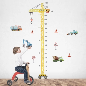 Construction site height chart for kids with yellow cranes, excavators, and traffic signs