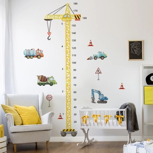 Construction crane height chart wall sticker for kids room with watercolor machinery decals