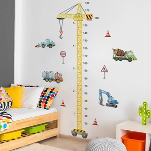 Cartoon construction vehicle height chart with crane and excavator for kids room wall