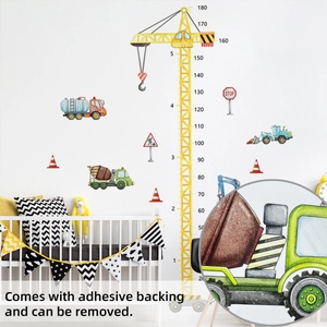 Construction vehicle height chart for kids featuring crane and excavator wall stickers