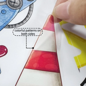 Detail showing double-sided colorful patterns and removal of protective film from the sticker