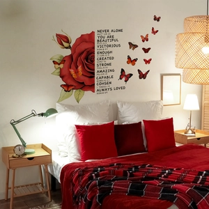 Red rose and butterfly wall stickers with inspirational English quotes for home decor
