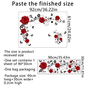 Detail showing red rose vine butterfly wall sticker dimensions and layout diagram