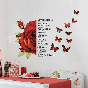 Red rose and butterfly wall stickers with inspirational English quotes for home decor
