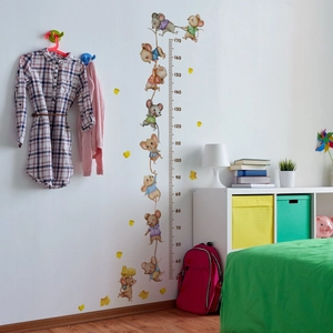 Detailed wall sticker showing cute cartoon mice on cheese with height measurement scale