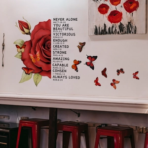 Red rose and butterfly wall decals with English inspirational quotes for home decor